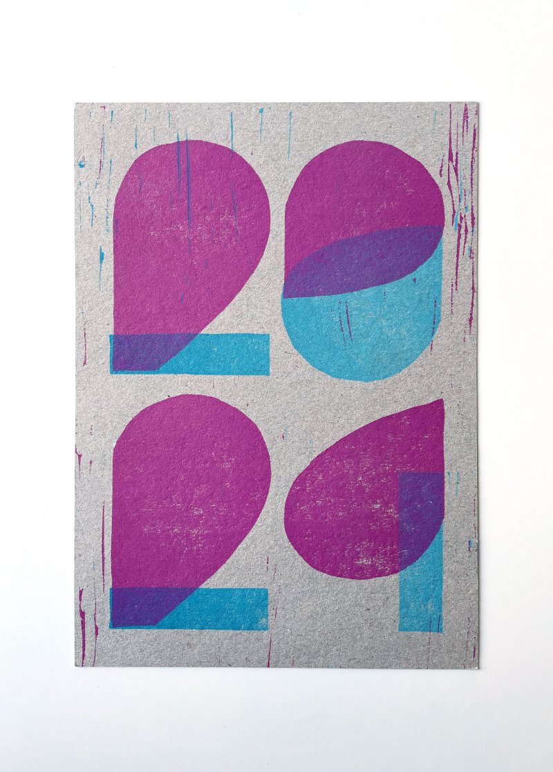 Weihnachtskarte 2024 Linolschnitt Cyan/Magenta 